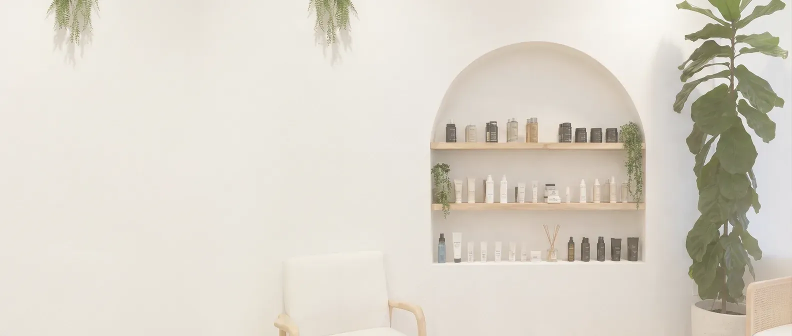 A warm white plaster wall, its left half bare with two trailing plants hanging from above, and set into its right side an arched alcove of three light-oak shelves holding tidy rows of unbranded amber, smoked-glass and pale ceramic vessels with a reed diffuser among them; a tall fiddle-leaf fig stands to the right and a cream upholstered lounge chair sits at the lower left, the whole frame carried under a soft milky haze