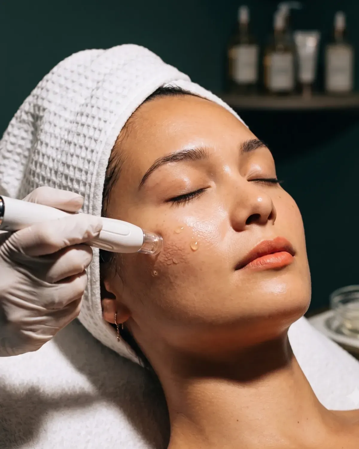 A client receiving a skin treatment, an esthetician guiding a handheld device along her cheek, a towel wrapped over her hair and product bottles on a shelf behind
