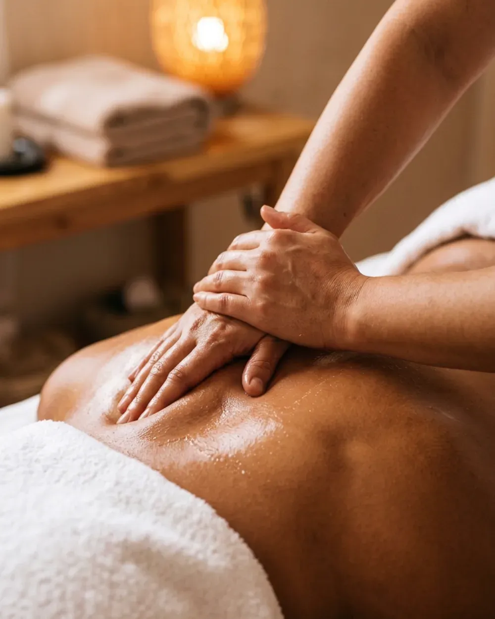 A therapist working along a client’s back during a massage in a warmly lit treatment room
