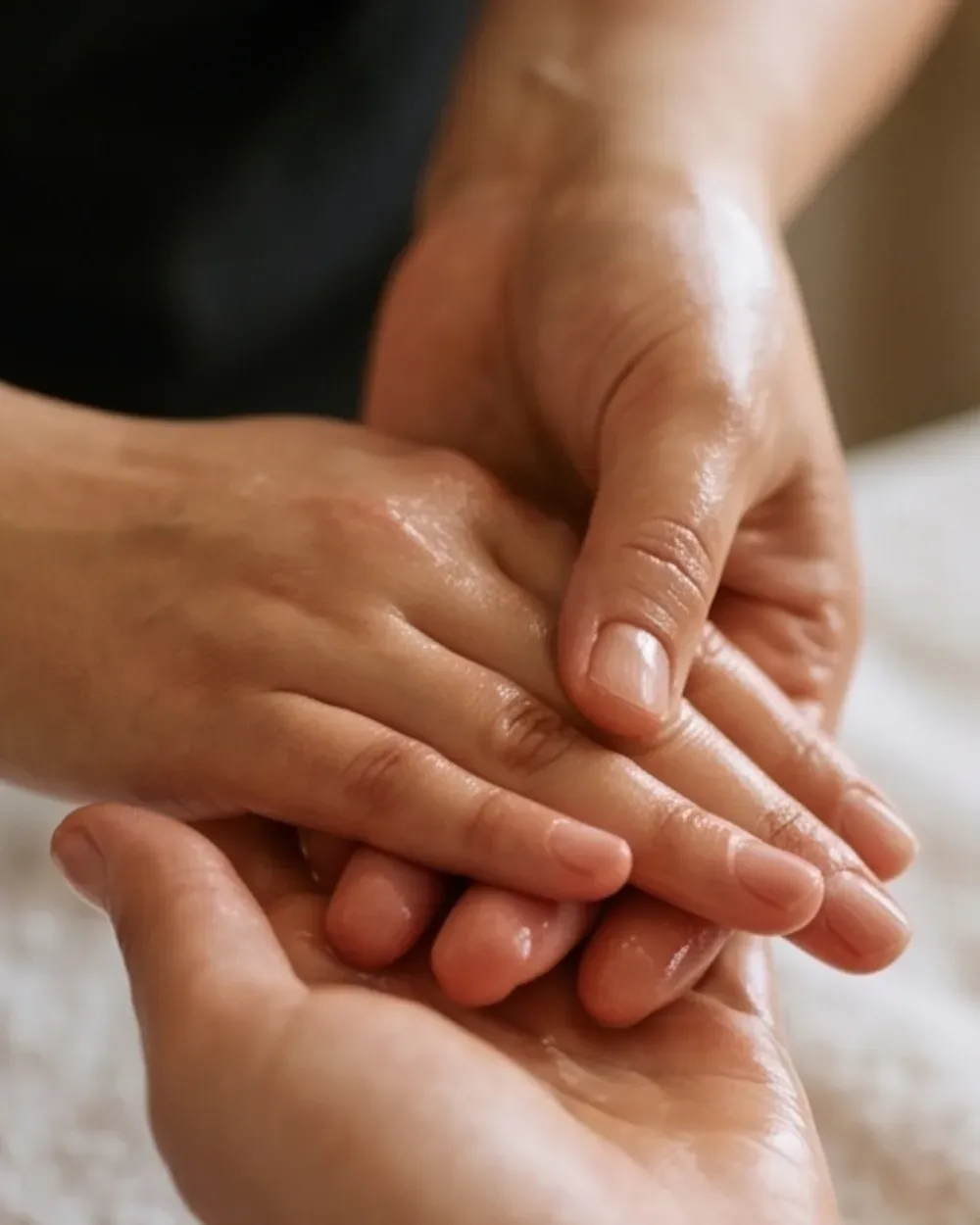 Close hands cradling and massaging a client’s hand over a towel during a manicure